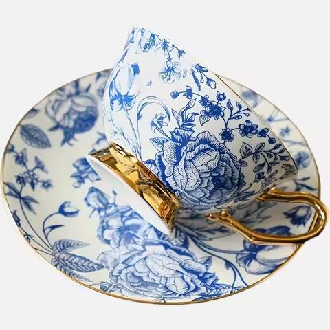 Bone China Cup Saucer Set, Tea Weddings, Blue White Porcelain Floral Patterns, Royal Luxury Coffee C