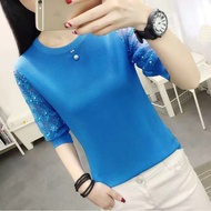 Short-sleeved T-Shirt Women 2021 New Style Korean Version Fashionable All-Match Lace Mid-Sleeved Knitwear Bottoming Shirt Top Women ins Trendy