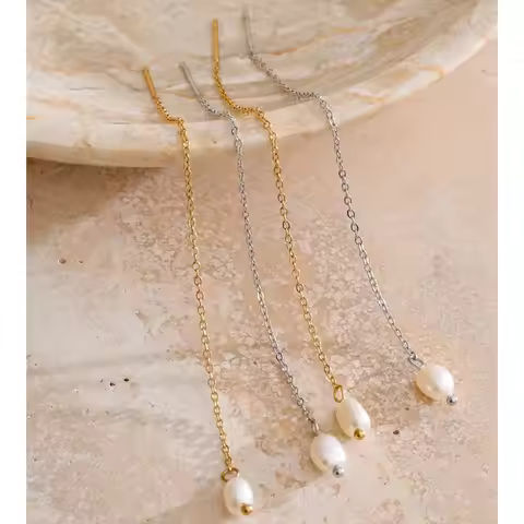 Yhpup Waterproof Stainless Steel Natural Pearls Drop Chain Long Hanging Earrings Temperament Popular