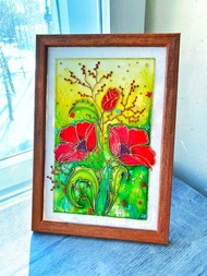 彩色玻璃画猩红色罂粟花25x17.5厘米墙上挂着原始装饰