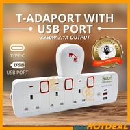 [SIRIM] T-ADAPORT USB TYPE C Port 3.1A Trailing Extension Socket Extension DIY Extension SIRIM Socket Easy 2 Pin Plug