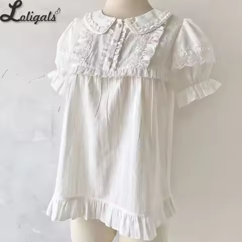 White Women's Lolita Top Peter Pan Collar Short Sleeve Cotton Blouse for Summer
