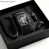 Men's Skeleton Tonneau Watch Set with Necklace Bracelet for Ring 4pcs