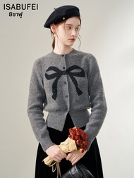 isabufei | เสื้อสเวตเตอร์ Mohair โบว์ประกายฤดูใบไม้ผลิ คอปก สลิม