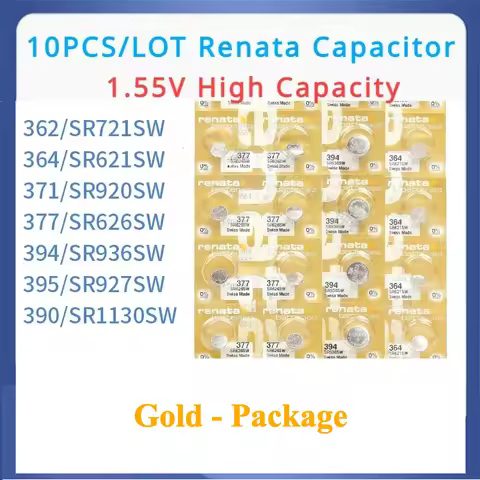 10pcs/lot Gold pack Renata 377 364 371 395 362 394 390 High Capacity Battery Capacitor SR721SW SR621
