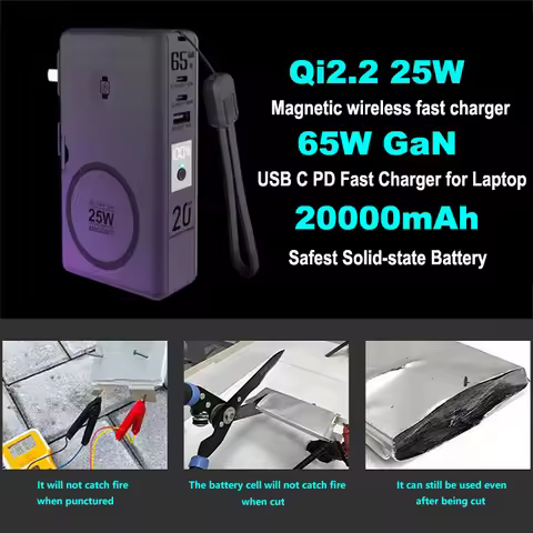 Solid-state Battery 65W GaN USB C Charger Power Bank 20000mAh Qi2.2 25W Magnetic Wireless Fast Charg