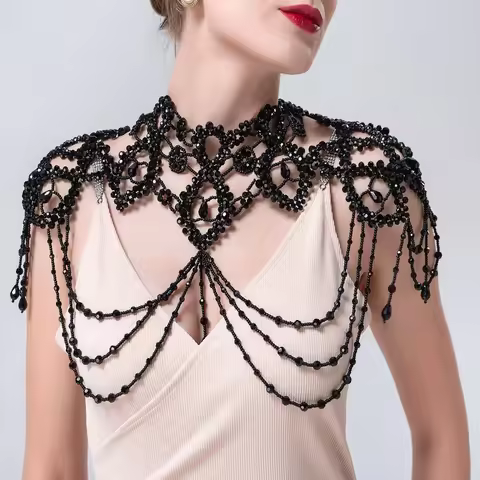 Bridal Bolero Black Crystal Necklace Beaded Bridal Covered Body Chain Women Accessories Off Shoulder