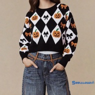 Women's Fall Halloween Sweater - Crew Neck Knit Pumpkin Sweater