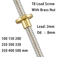 Skru Lead T8 dengan nat OD 8mm Lead 2mm Pitch 2mm 100mm 200mm 300mm 400mm 500mm Skru Lead dengan Nat