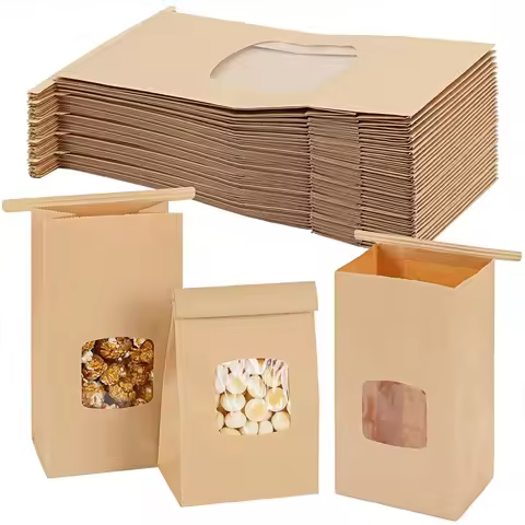 10Pcs Bakery Bags, Window Sealing Kraft Paper Bags for Cookie Sandwich Bread Snack Foods -Takeout Ba