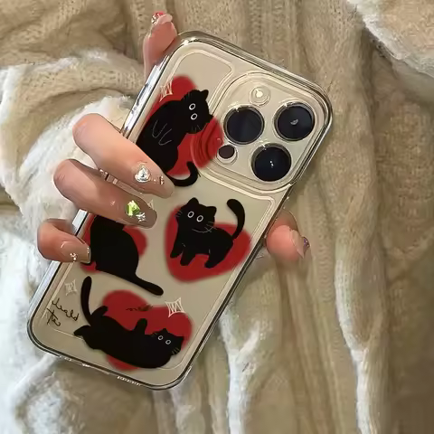 Ins Lovely Love Heart Black Cat Case for Samsung S25 Ultra Galaxy A16 A55 S22 S23 Plus A52 S24 FE A5