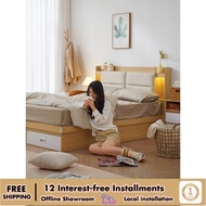 【 Pre order 】 Wooden Moon Double Bed Modern Simple Small Unit Tatami, to Floor High Box Storage, Raw Wood Color