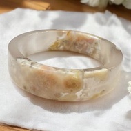 櫻花瑪瑙手鐲 瑪瑙手鐲稀有方鐲烟灰紫冰底粉色成形炸花55-56可戴