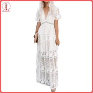 fulaide Long Dress Embroidery Lace Patchwork Loose Fit Women Dress for Daily Life Chic Lady Dress