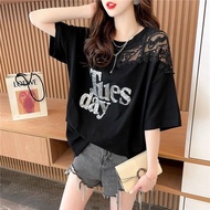 [Korean Version Large Size Women's Clothing] Ready Stock Can Wear Within 150kg Clothing Fashionable Fat mm Summer Loose Age-Reducing Cover Belly Slimmer Look Lace Top Short-Sleeved T-Shirt Women 100kg
