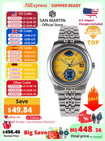 San Martin 39mm Miyota 9132 Power Reserve Display Men Luxury Sport Watch Automatic Mechanical Waterp