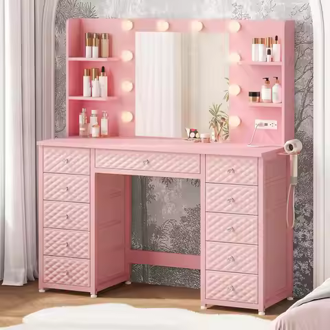 Pink Lighted Vanity Desk 11 Drawer Power Strip 6 Shelves 43.3in 3 Color Modes Bedroom Women Girls Cu
