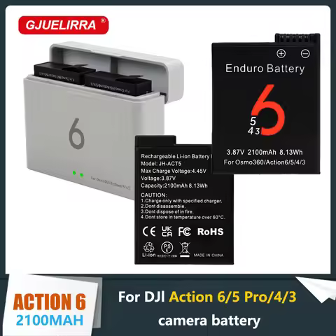 2100mAh Camera Battery for DJI Osmo Action 6 Action 5 Pro and 2 Slots Charger for DJI Action 6/5/4/3
