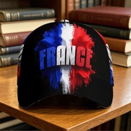 France Tricolor Splash Cap Blue White Red Paint Effect with Bold Lettering - Artistic National Pride