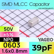 39pF 0603 50V NP0 ±5% SMD MLCC Ceramic Capacitor Yageo CC0603JRNPO9BN390