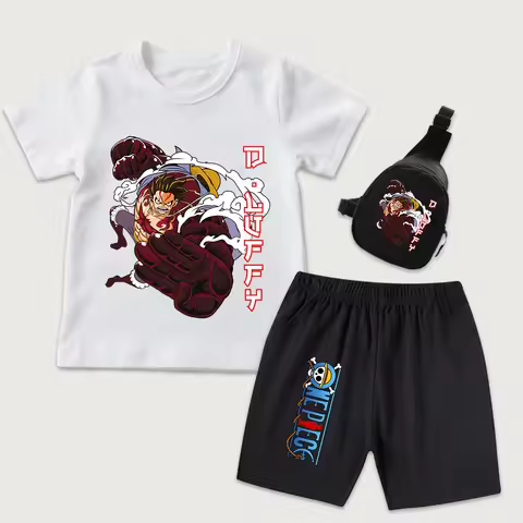 Kids Anime One Piece Luffy Gear 4 Print Cotton T Shirt Shorts Mini Chest Bag 3 Piece Set Boys Girls 