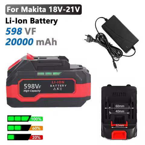 New 18V 20V 21V 20000mAh 598VF High Capacity Rechargeable Lithium Ion Battery for Makita BL1830 BL18