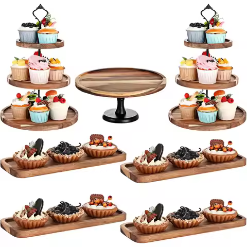 7 Pcs, 3 Tier Wooden Cupcake Stand Round Cake Stand Rectangular Serving Tray Platter for Display Tea