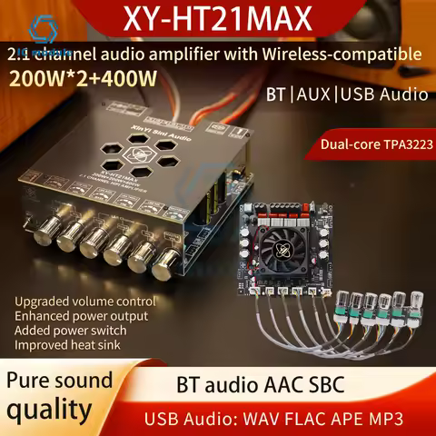 XY-HT21MAX 2.1 Channel Bluetooth Amplifier Board DC 12-42V TPA3223 Chip 200W*2+400W Bass/Treble Cont