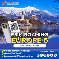 eSIM EUROPE 6 Daily Unlimited 1GB Data | eSIM Roaming Perjalanan Langsung Aktif