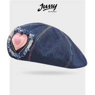 Mũ Nồi Jean Denim Trái Tim Xinh Xắn JBR04 Jussy Oficial Kiểu Mũ Beret Nữ Chất Vải Jean 2 Lớp Phong C