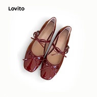 Lovito x Gladish Elegant Plain Red Bow Mary Jane Vintage Ballet Shoes Buttons Mary Jane for Women LF