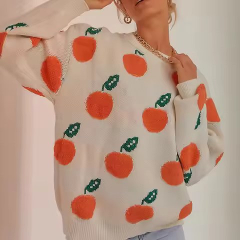 Sueter Mujer 2025 New Fall Winter Pullover，Orange Retro Contrast Color Sweater Women，Thicken Warm Kn