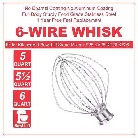Wire Whip for Kitchenaid 6 Qt Mixer Bowl Stainless Steel Wire Whisk Fits for Professional 600,KP26M1