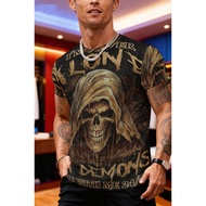 Men's Gothic Skull & Demon Print T-Shirt - "I'm Never Alone My Demons Are with Me 24/7" Slogan, Blac