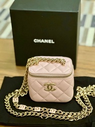 Chanel 2022 pink vanity bag 香奈兒 羊皮 粉紅色 淡金鏈 小方盒子 小廢包 袋