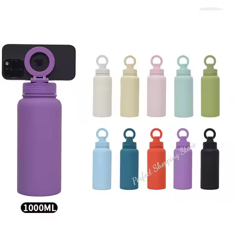 1L 34oz 1000ml Stainless Steel Thermal Water Bottle Kettle Flask Thermos with Magnetic Phone Holder 