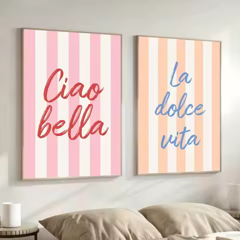 2 Pcs Frameless Ciao Bella,La Dolce Vita Inspirational Quotation Poster Printing,Fashionable,Italian