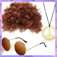 Hippie Costume Set Funky Afro Wig Sunglasses Peace Sign Necklace for 50/60/70s Theme Party