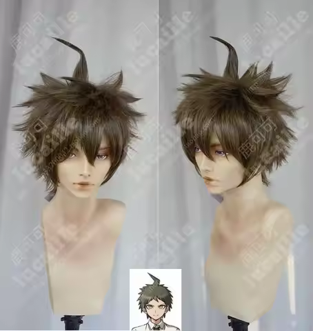 Anime Danganronpa Hajime Hinata Short Linen Brown Wig Heat Resistant Hair Cosplay Costume Wig + Free