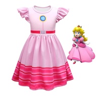 {Sweet Baby} Girls Summer Dress For Super Mario Princess Peach Kids Short Sleeve Pink Clothes Children Costume Halloween Party Cosplay Dresses For 3 4 5 6 7 9 10 yrs