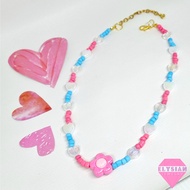 NECKLACE - K-444 - Choker - beads - blue and white - with flower charm