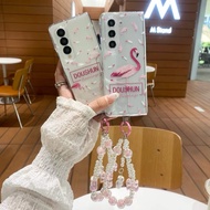 GANTUNGAN HP New Cute Pink Flamingo Bird Feather Case With Pearl Chain Hanger Charm Casinghp For Sam