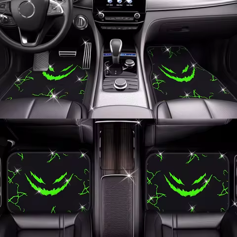 4-Piece Set of Lightning Demon Smile Pattern Car Floor Mats - Green and Black Color Scheme, High-Qua