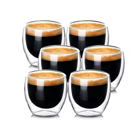 2.7 Oz Double Wall Glass Coffee Mugs Set of 6,Glass Coffee Espresso Cups,Clear Glass Coffee Mugs,for