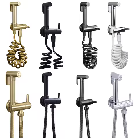 Wall Mounted Toilet Shower Bidet Spray Gun Faucet Set with Spring PVC SS Hose Chrome/Black/Grey Meta