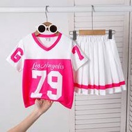2pcs/Set Girls Toddler V-Neck Short Sleeve Letter Print Top And Pleated Skirt Sports Suit, Casual Sp