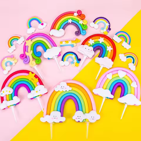 Soft Clay Rainbow Cake Decoration Plug-in, Non-edible Seven-color Cloud Heart-shaped Rainbow Sign, B