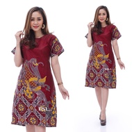 Baju Batik Wanita Dress Lengan Pendek Motif Burung Kenari Warna Merah - Batik Kembar Putra