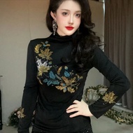 Korean Version of New Elastic High Neck Rhinestone Long Sleeved Fashionable Slim Fit Top T-shirt