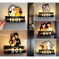 Cute Cartoon Family Door Sign with Light HDB Unit  walnu twood unit number room number Customised Un